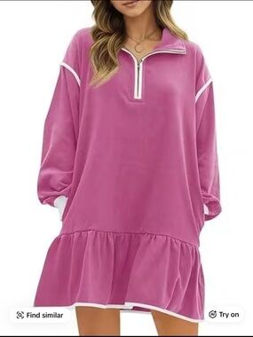 Relaxed Long-Sleeve Pink Zip Ruffle Hem Dress